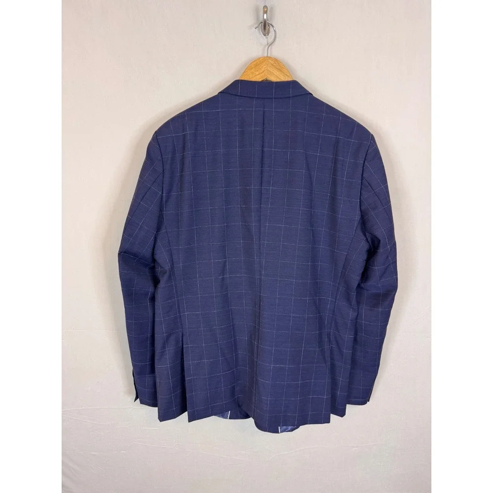 Strellson Aron Slim Fit Navy Blue‎ Windowpane Virgin Wool Blazer Jacket Men 44